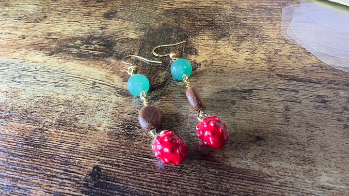 Earrings - Aventurine, Wood Beads, Strawberry Enamel Charms - Hand-made by JB product image (1)