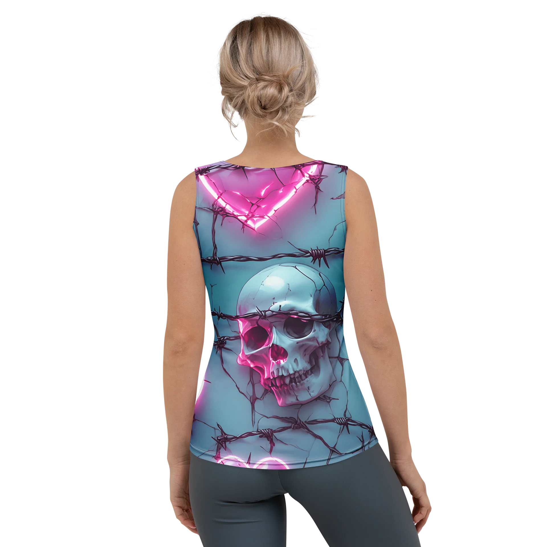 Neon Barbed Heart Skull Tank Top - Glow Pink Shattered Heart All-Over Print Women's Fitted Tank product image (2)