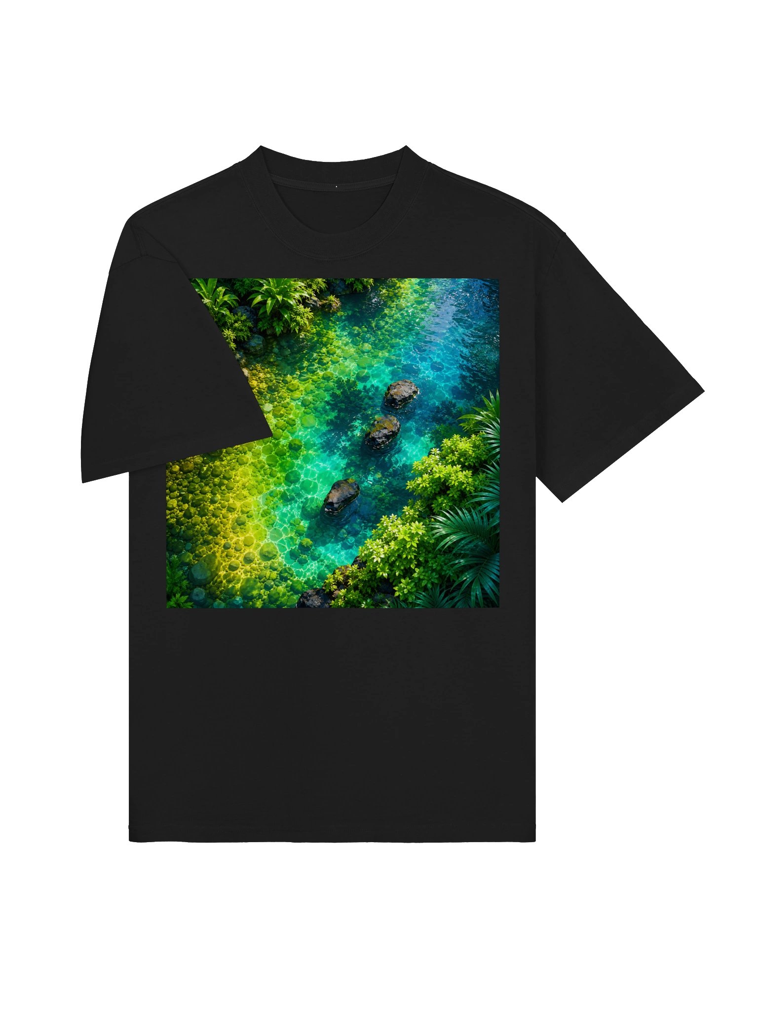 Turquoise Jungle River T-Shirt | Lime Green & Teal Tropical Nature Graphic Tee | Unisex Oversized Shirt product image (4)
