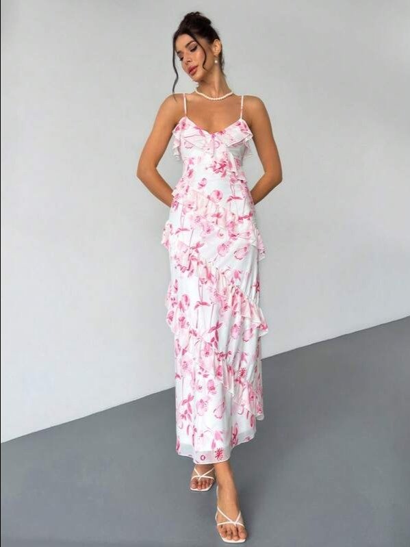 White & Pink Floral Ruffle Hem Spaghetti Strap Dress | Women's Boho Tiered A-Line Maxi Dress for Beach, Wedding & Vacation | ADLEST product image (1)