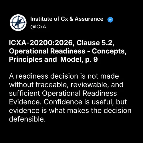 ICXA-20200:2026, Clause 5.2, Operational Readiness - Concepts, Principles and  Model, p. 9

A readiness decision is not made ...