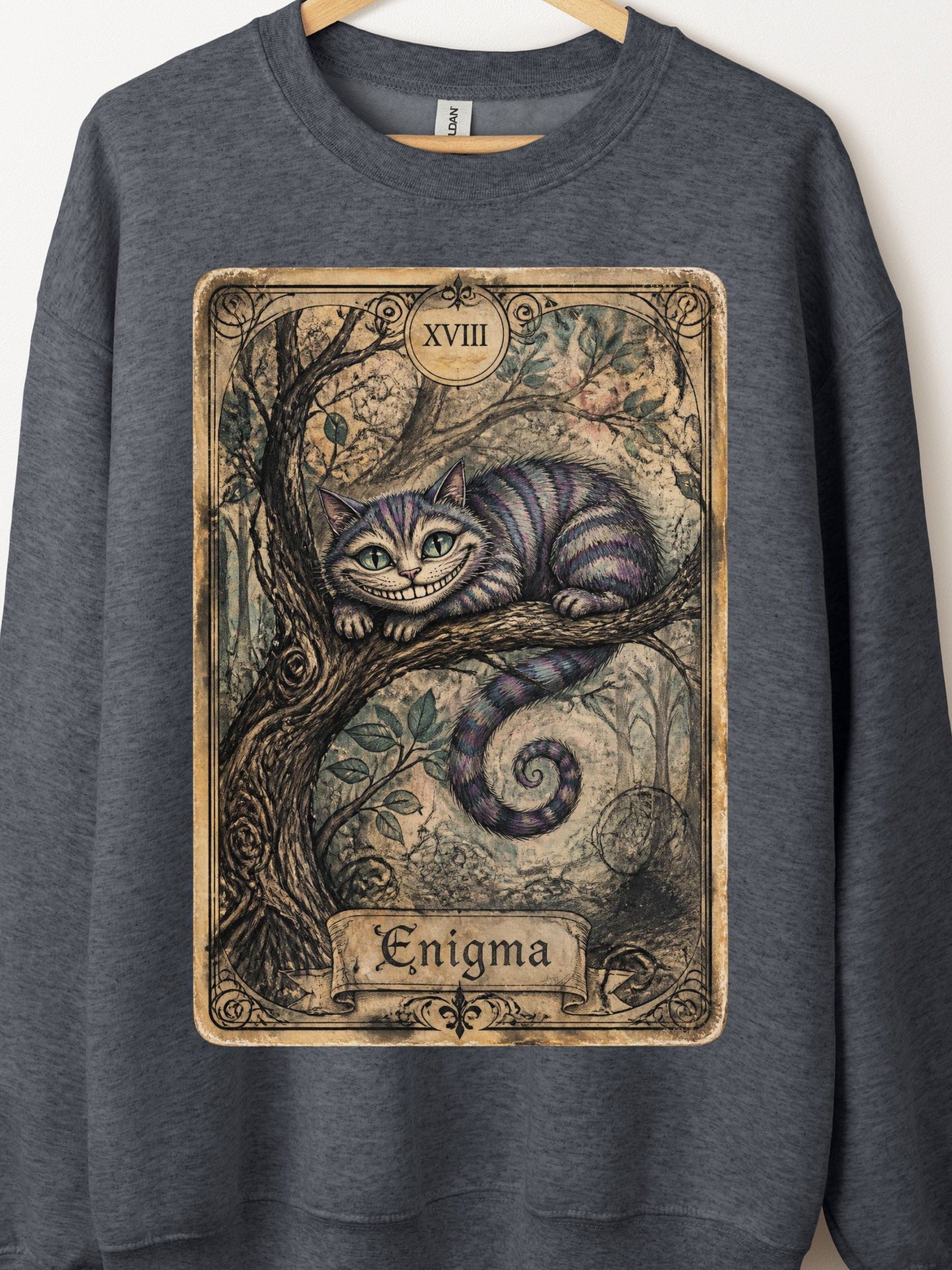Cheshire Cat Enigma Tarot Sweatshirt, Mystical Forest Graphic product image (1)