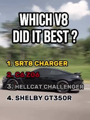 Which V8 sound takes the W? 🔊👇 SRT8 Charger 🔥 C6 Z06 🔊 Hellcat Challenger 💨 Shelby GT350R 🏎️ Camaro ZL1 💨 Part 2  drops tomorrow! Follow up & Lock in.  #americanmuscle #whodiditbetter #cartok #v8sound #carsoftiktok