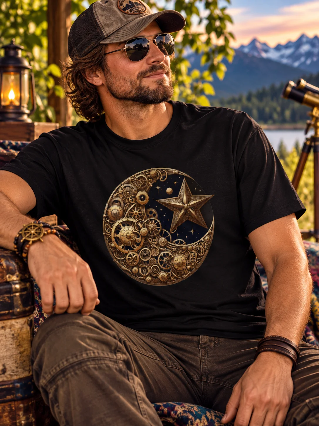 ⚙️ Steampunk Moon & Star T-Shirt – Celestial Gear Design | Retro Futuristic Clockwork Cosmos Tee product image (1)