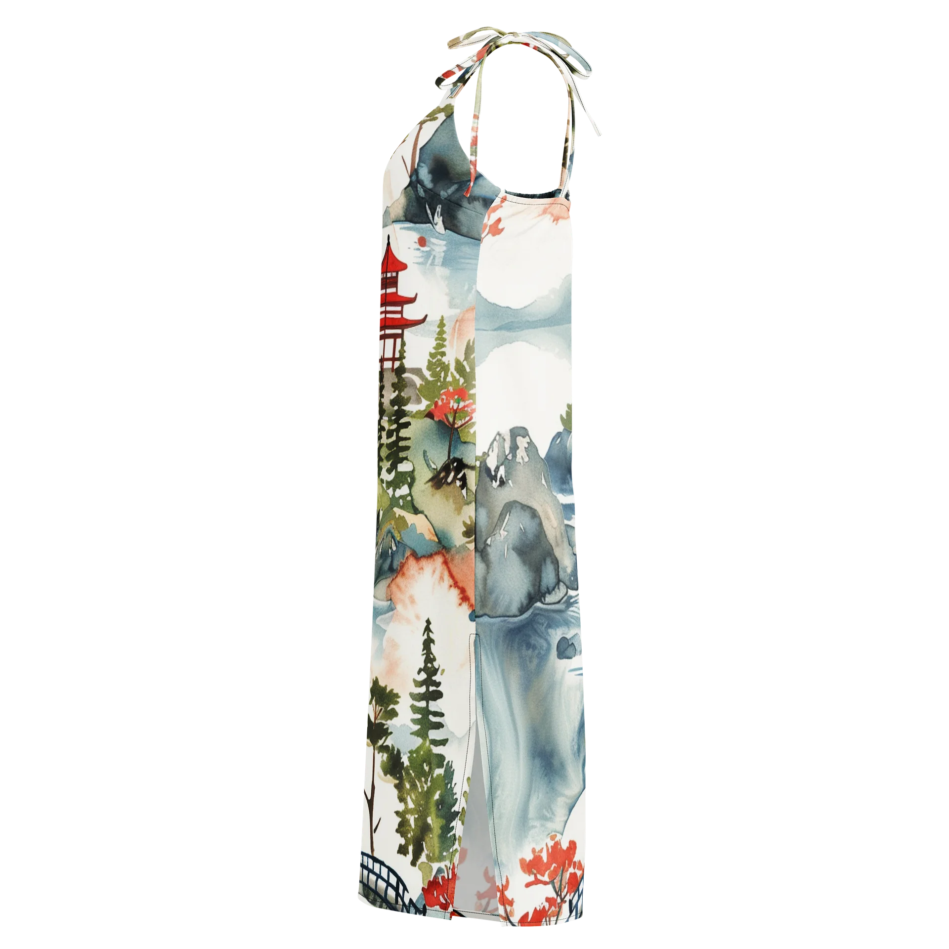 Japanese Pagoda Watercolor Midi Slip Dress | Chiffon Landscape Dress product image (3)
