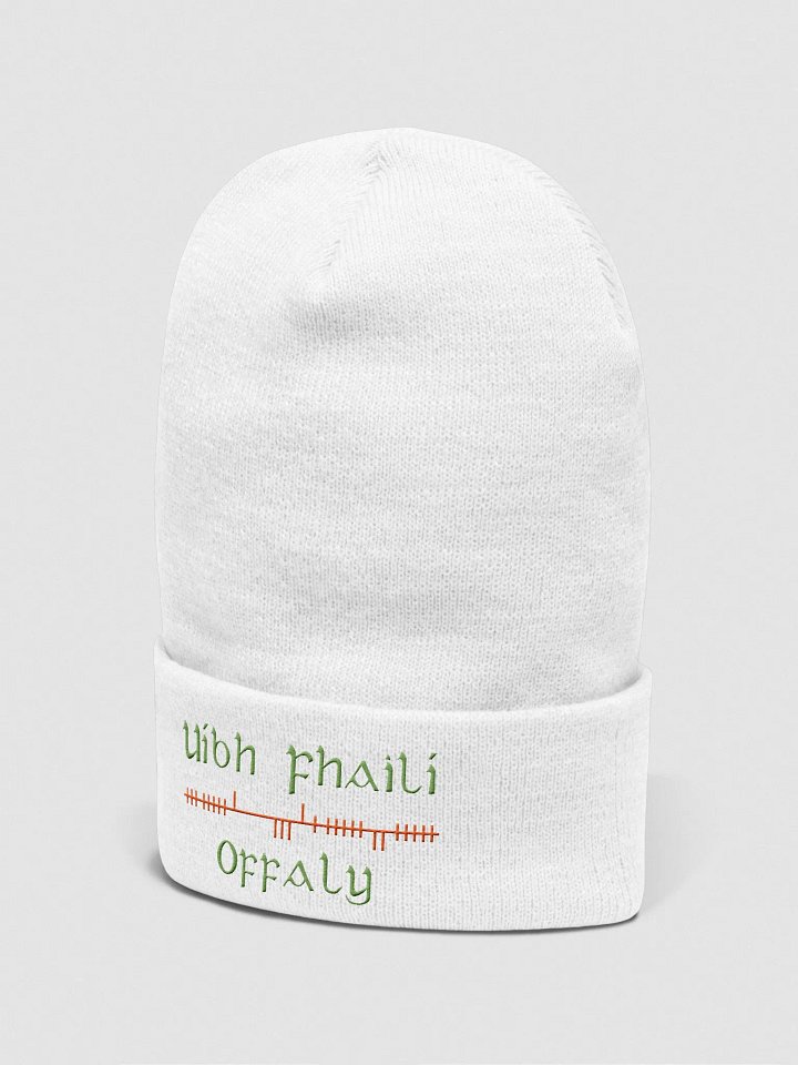 Offaly/Uíbh Fhailí Orthodox styleOgham, white with green and orange, embroidered Cuffed Beanie product image (2)