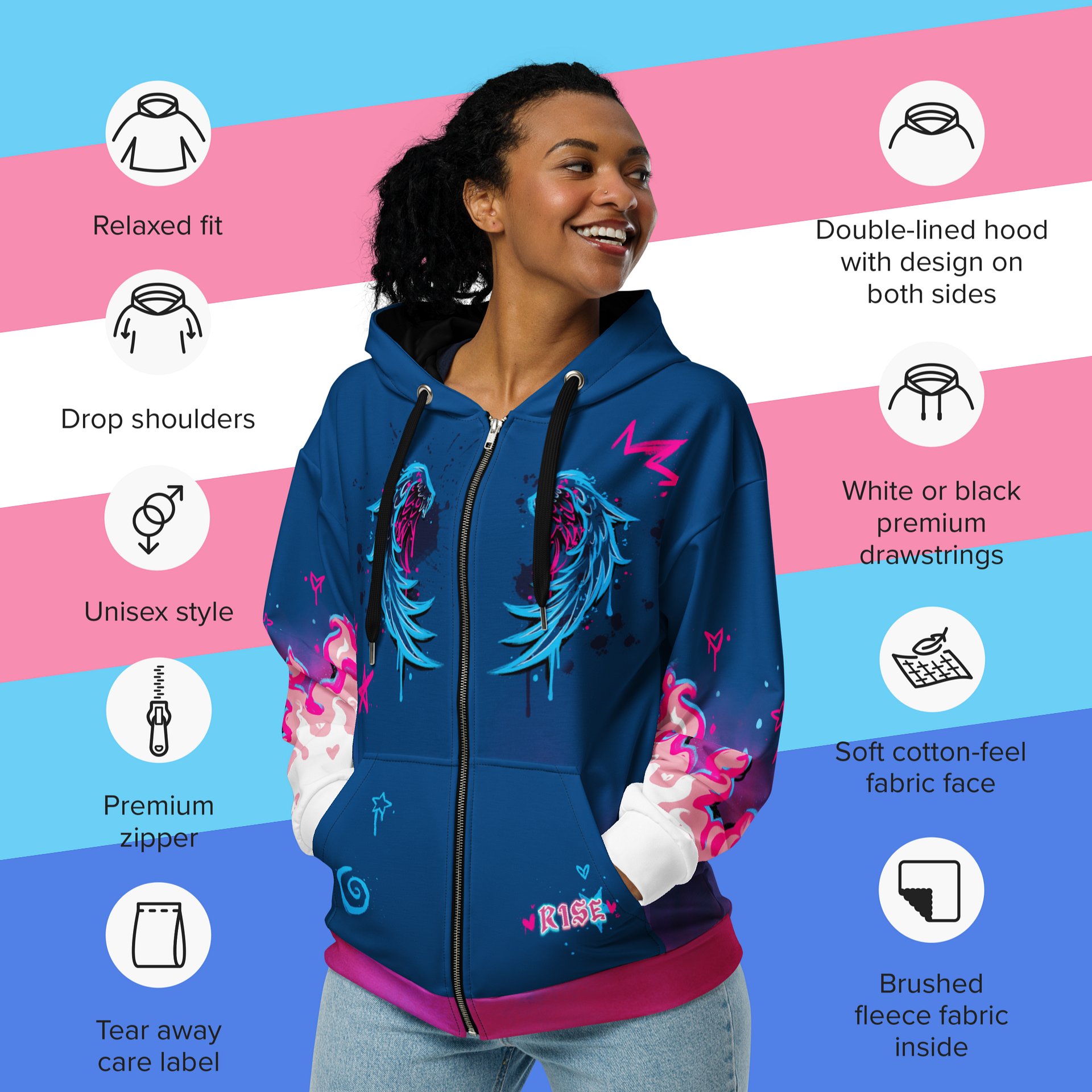 RISE Collection: Subtle Transgender Pride Phoenix Zip Hoodie - BLUE product image (5)