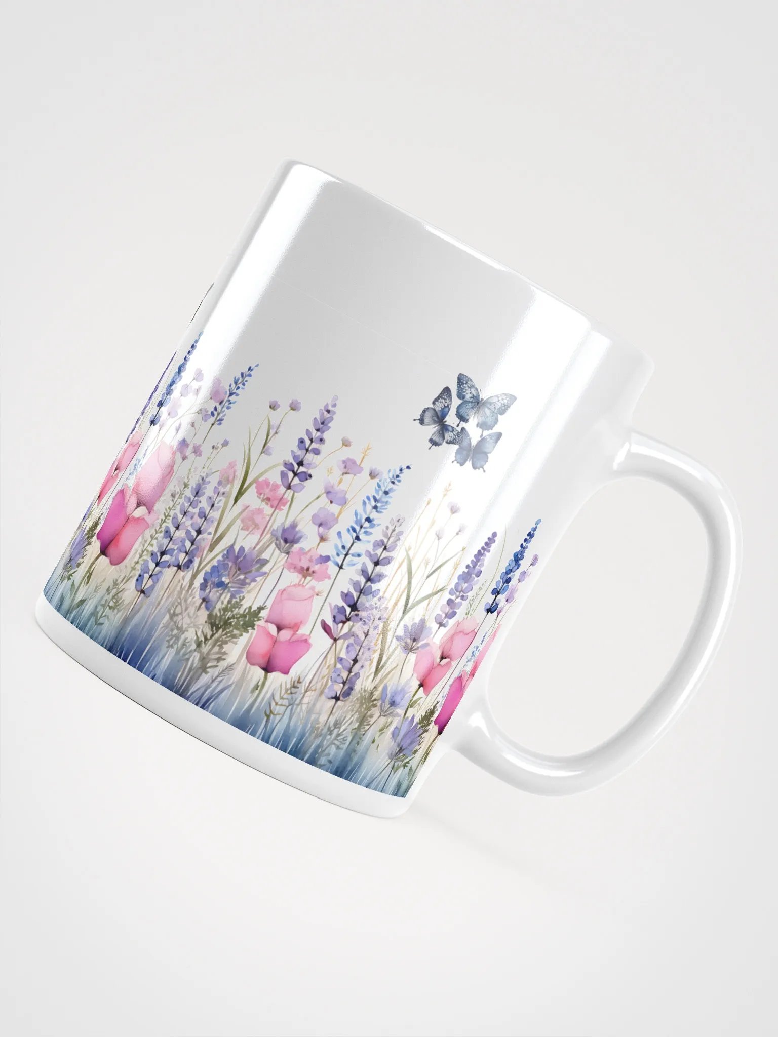 Pastel Wildflower and Blue Butterflies White Mug product image (4)