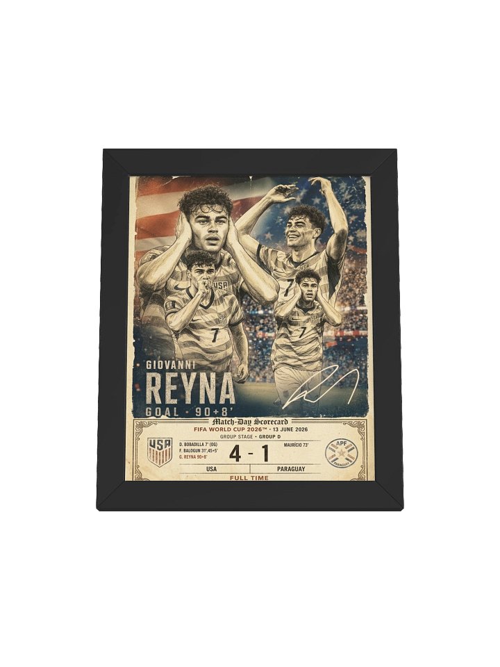 Giovanni Reyna FIFA World Cup 2026 Framed Poster | USA 4-1 Paraguay Match-Day Scorecard | USMNT Soccer Wall Art 12x16 product image (1)