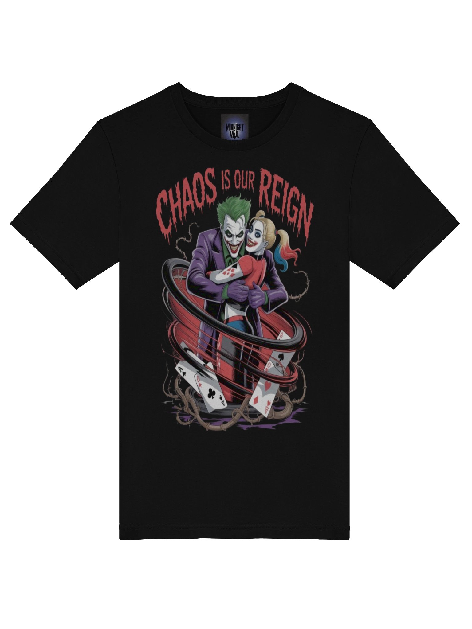 Chaos is Our Reign: Joker and Harley Quinn's Whirlwind Wager Graphic Tee product image (7)