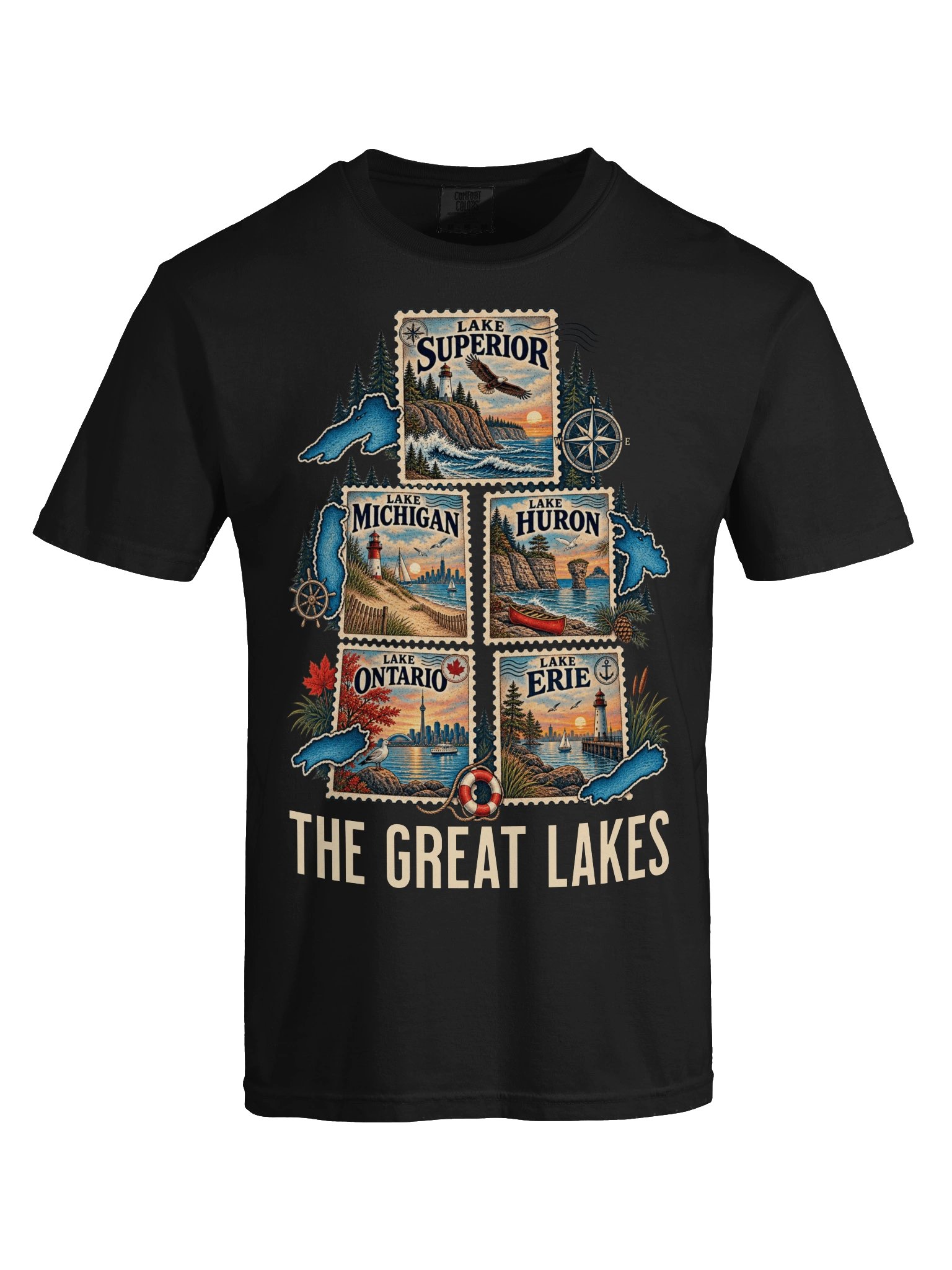 Great Lakes T-Shirt, Vintage Postage Stamps Great Lakes Shirt, Lake Ontario Superior Michigan Huron Erie tee , Lake Life Souvenir Gift product image (5)