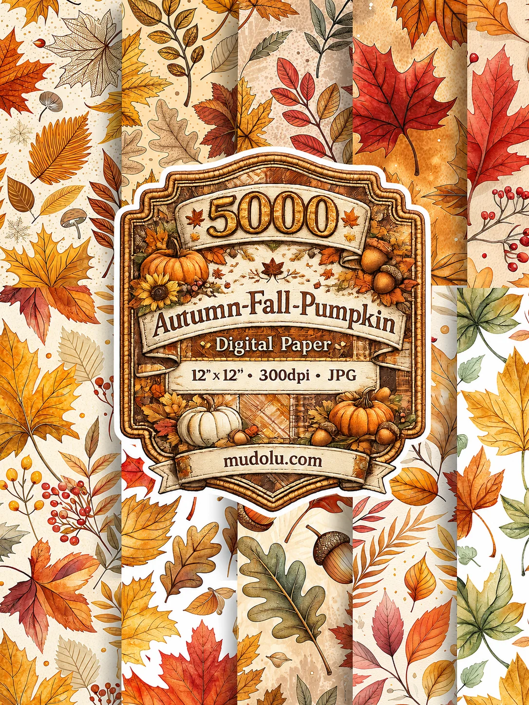 5000 Autumn Digital Paper Bundle, Fall Pumpkin Leaves Acorn Sunflower product image (3)