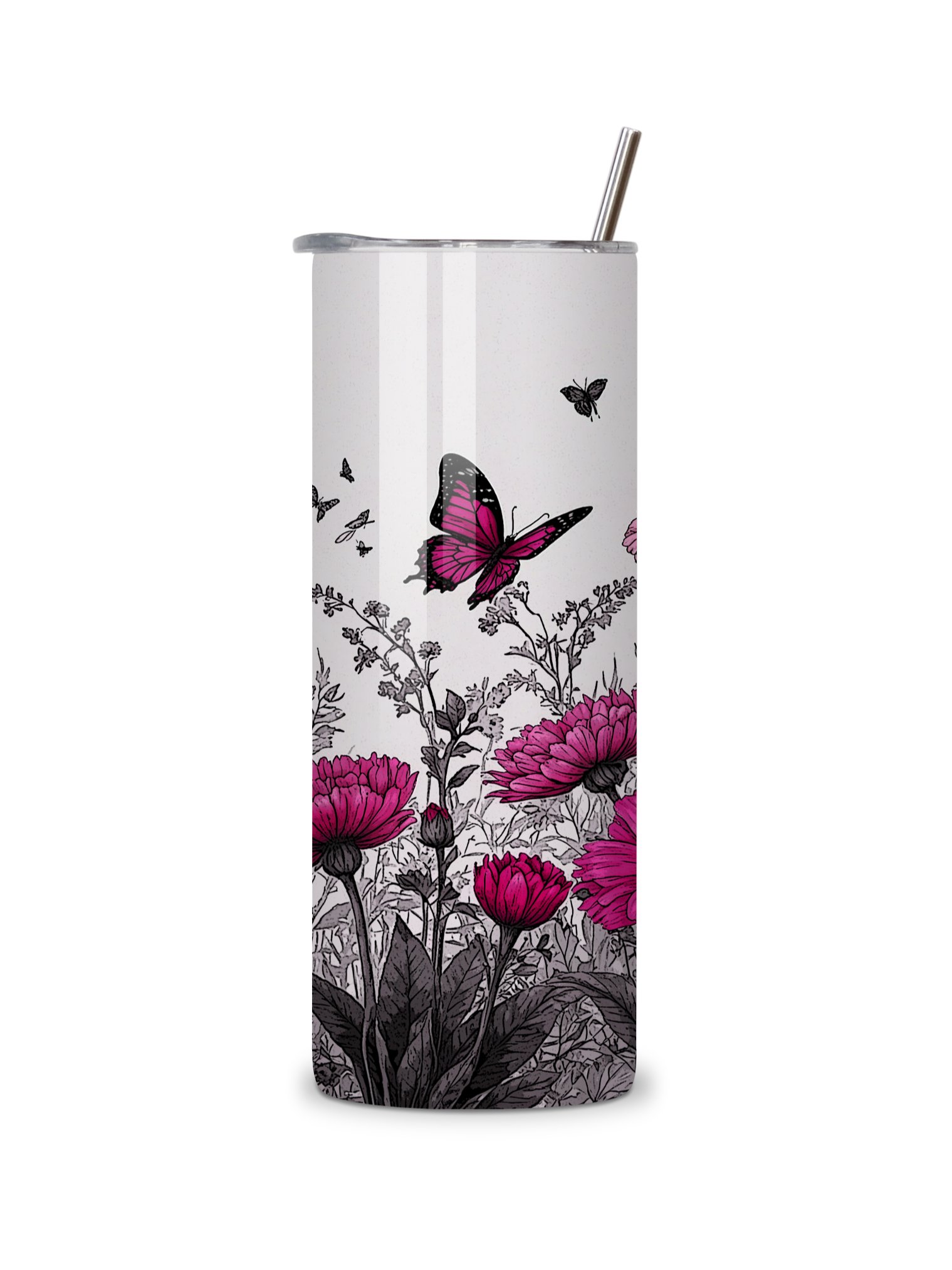 Butterfly & Floral 20oz Skinny Tumbler with Metal Straw – Pink and Black Garden Design with Flowers and Butterflies – Double-Walled Insulated Stainless Steel Tumbler, Gift for Nature Lovers product image (3)