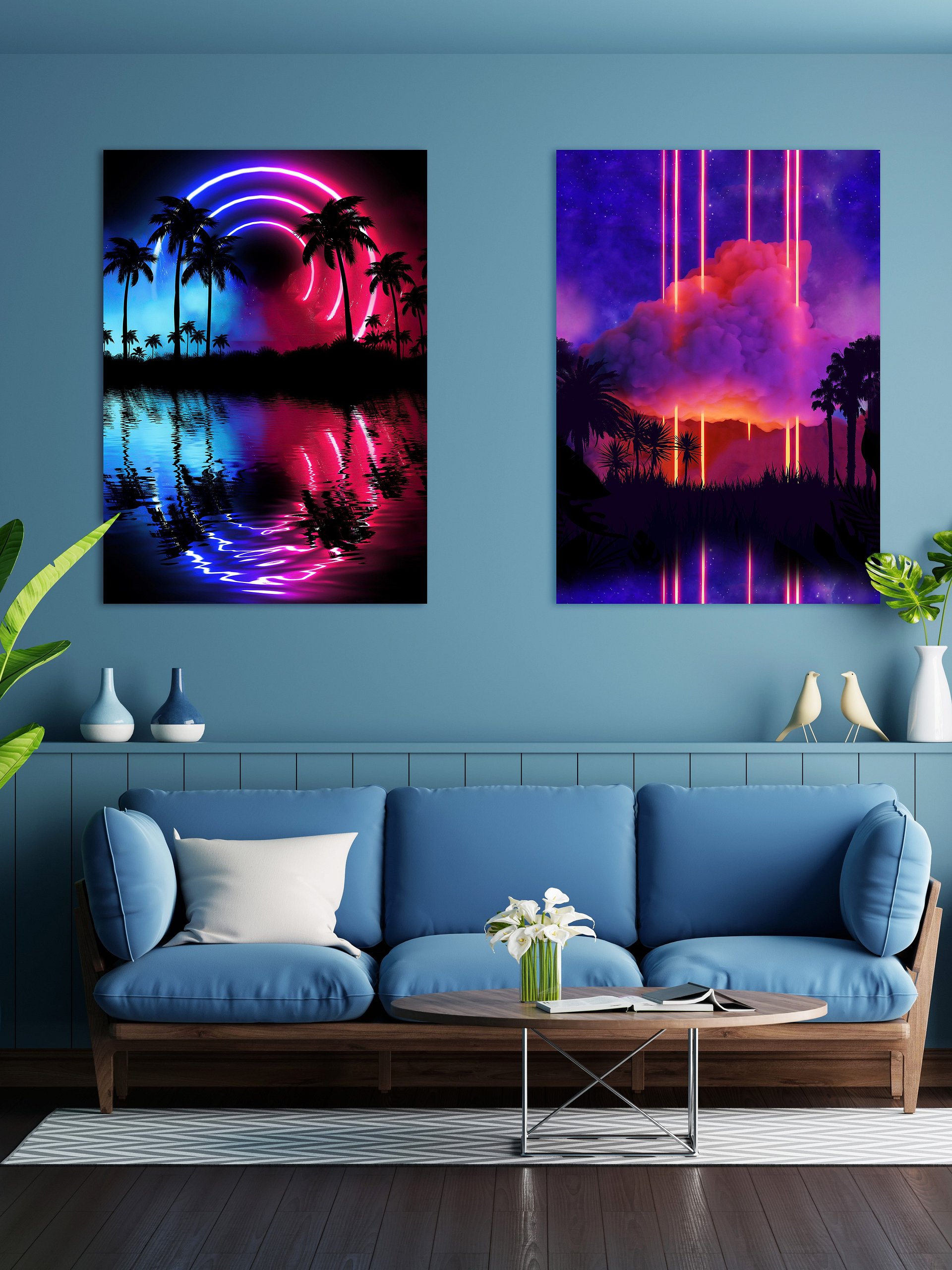 Neon landscape: Palms & Arc [synthwave/vaporwave/cyberpunk] — Aesthetic retrowave poster product image (8)