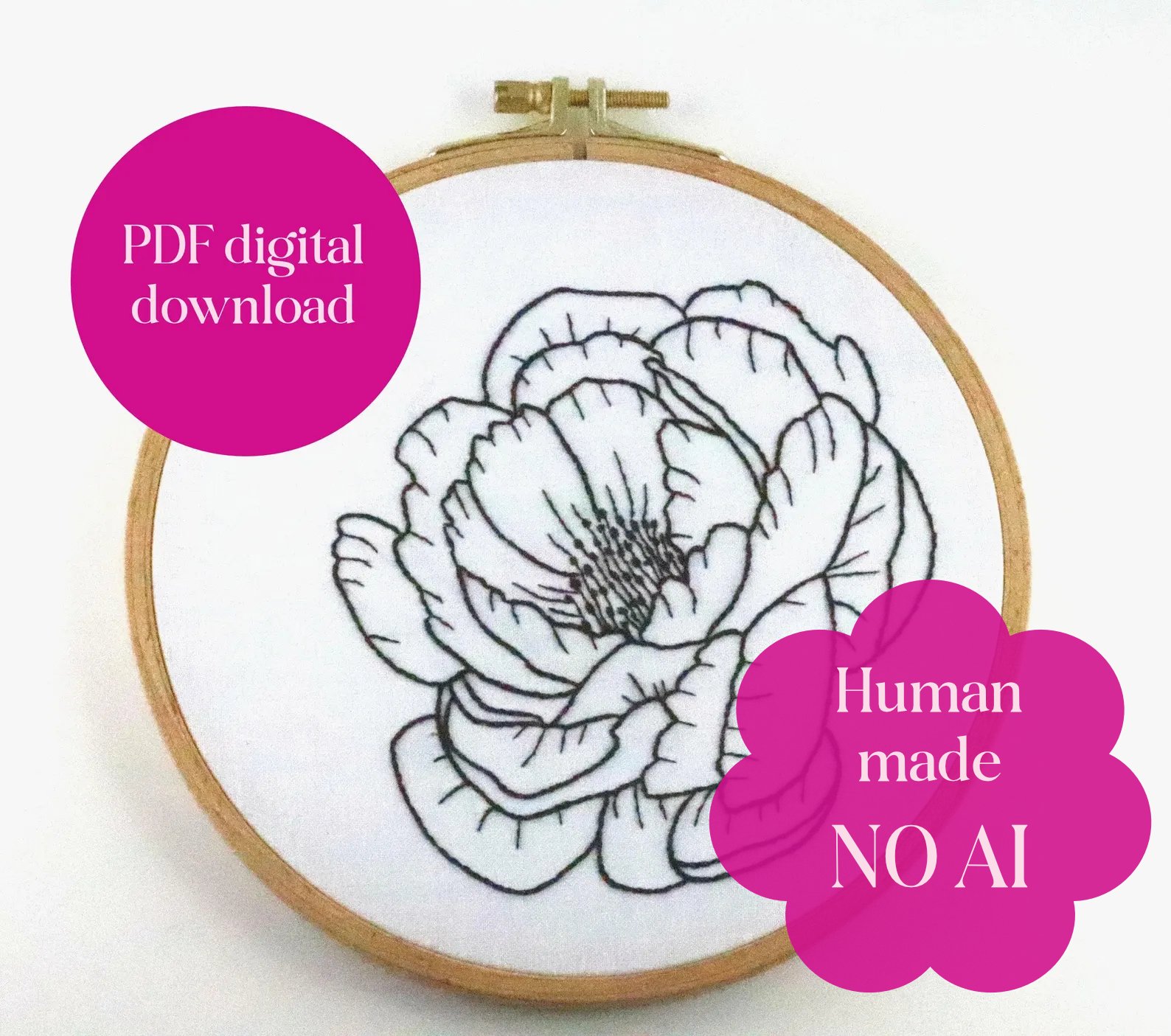 PDF easy floral hand embroidery digital pattern for beginners - simple Peony flower line art product image (1)