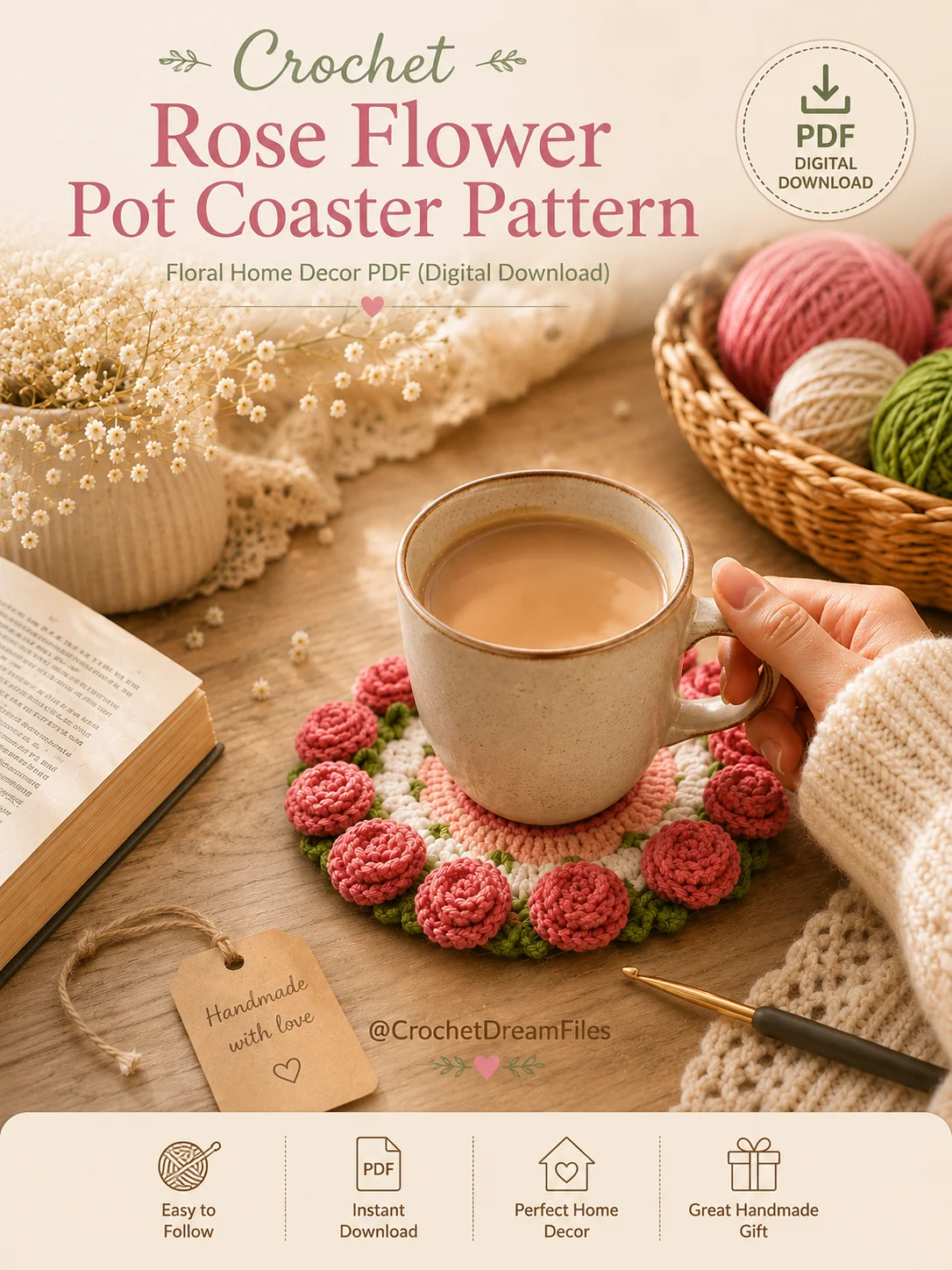 Crochet Rose Flower Pot Coaster Pattern product image (2)