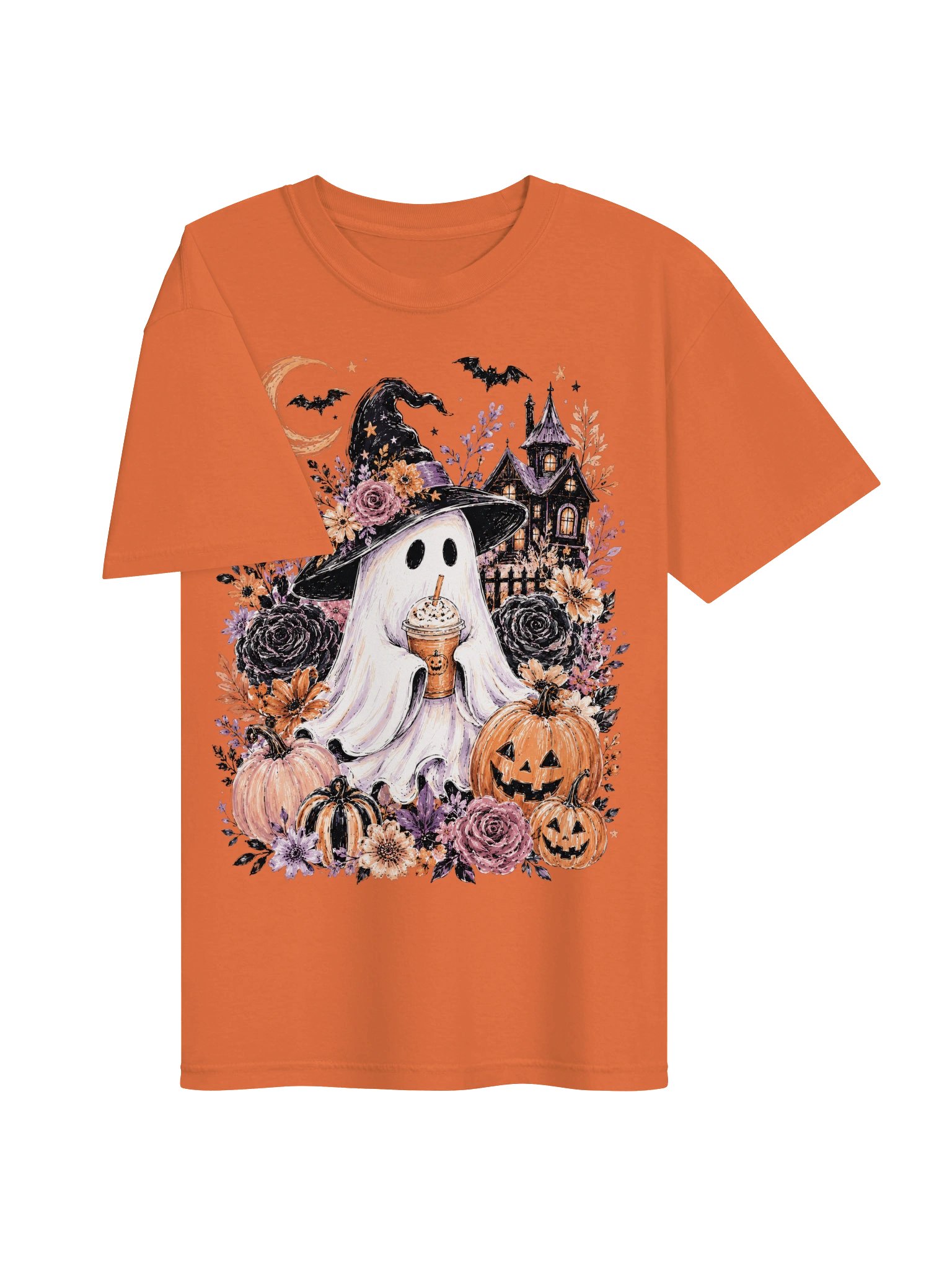 Witch Ghost Drinking Coffee T-Shirt | Spooky Season Floral Pumpkin Tee | Comfort Colors 1717 product image (6)