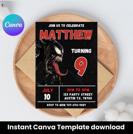Venom 3 Birthday Invitation | Superhero Theme | Editable Canva Template | Instant Download | Venom Party Invite | DIY Superhero Birthday product image (1)