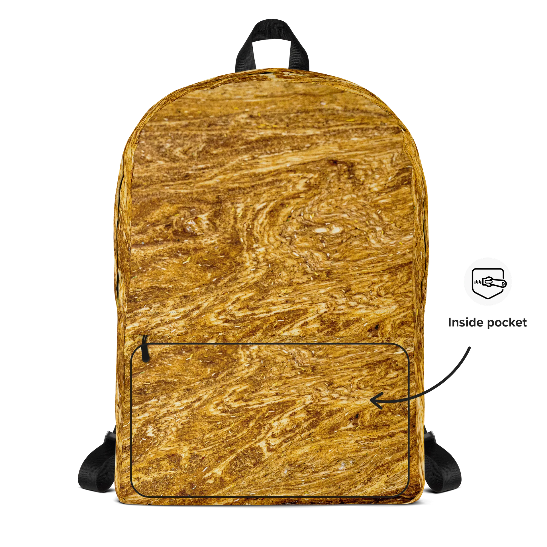 Golden Strata: Earthy Swirl Marble Pattern Backpack | Full Print Golden Ochre Travel Bag | Tiger Eye Boho Commuter Daypack product image (5)