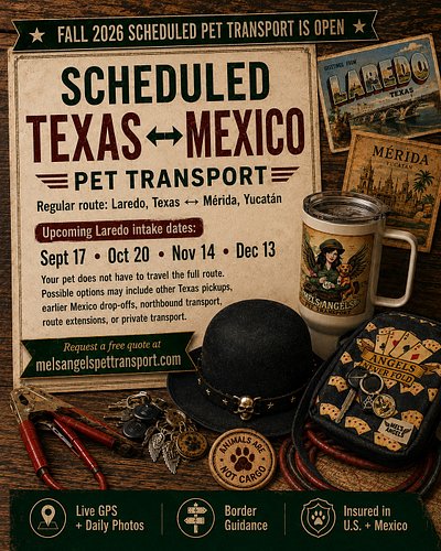 Fall 2026 Scheduled Texas ↔ México Pet Transport Is Open! 
🐾🚐🇺🇸🇲🇽

Mel’s Angels is now booking our September, October, Novemb...
