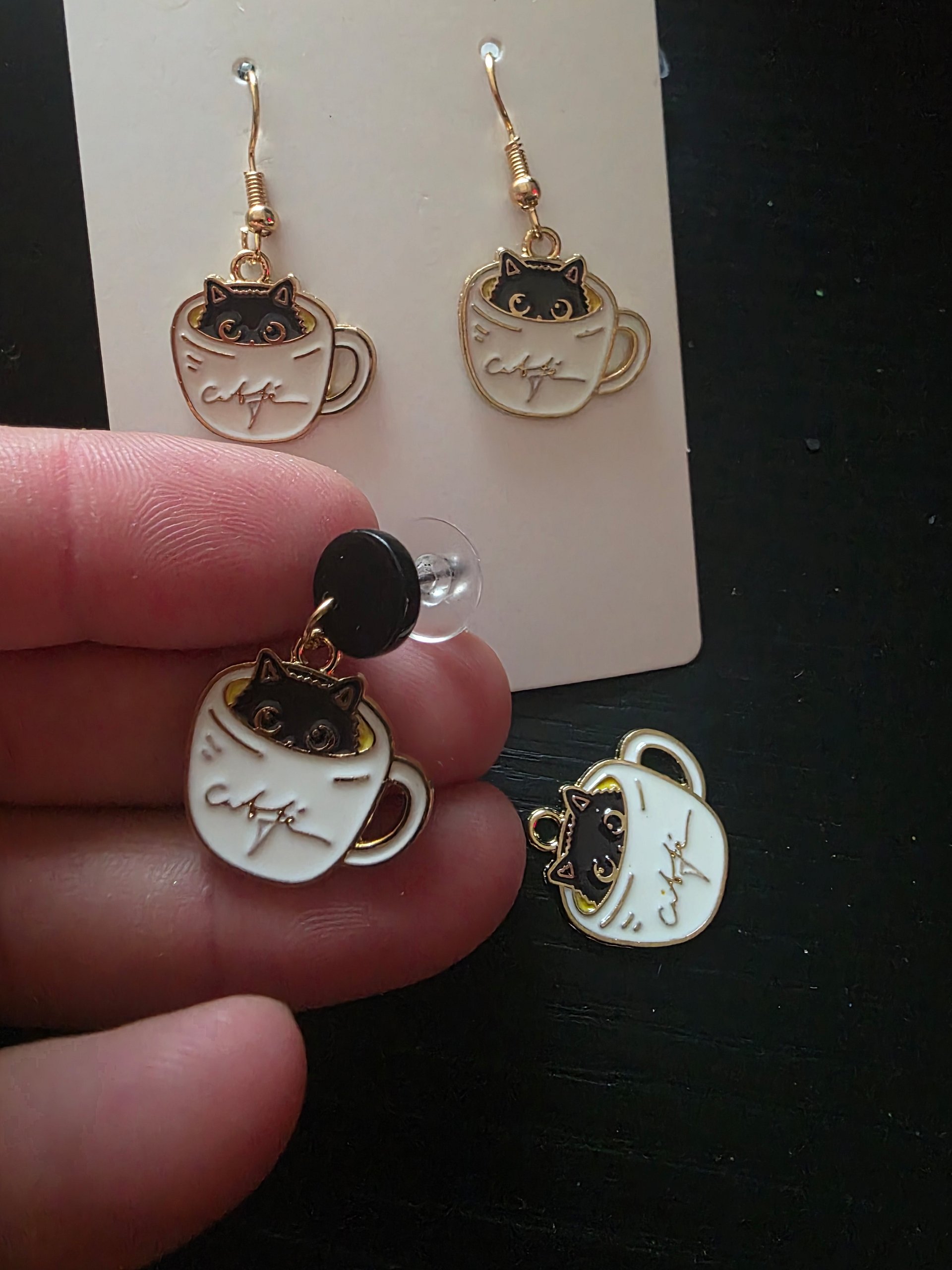 Purrrfectly Cozy Café Cat Earrings - Gold Dangle Hooks product image (4)