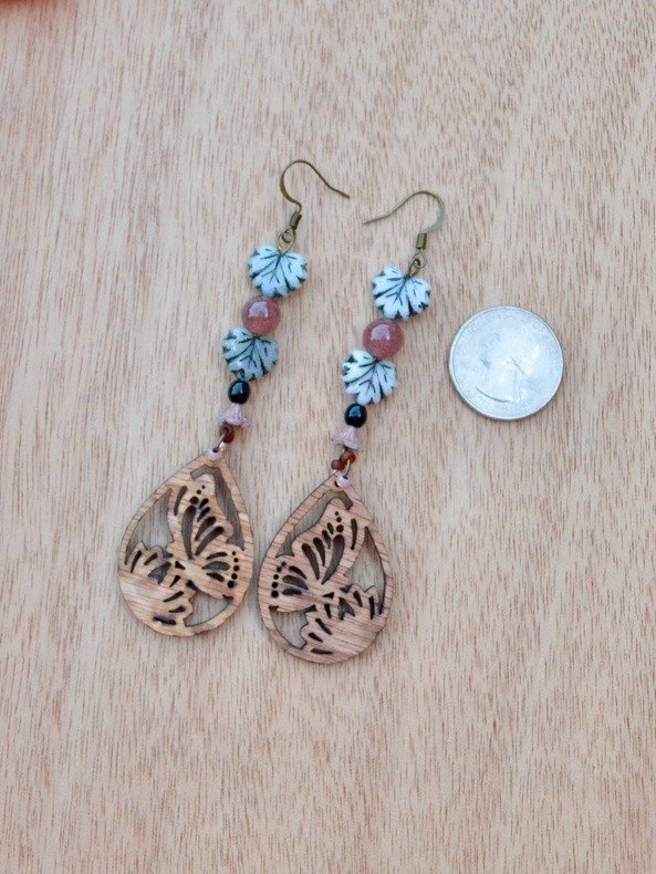 Strawberry Quartz Gemstone Dangle Earrings With Olive Green Czech Glass Leaf Beads And Lazer Cut Butterfly Wooden Teardrops product image (3)