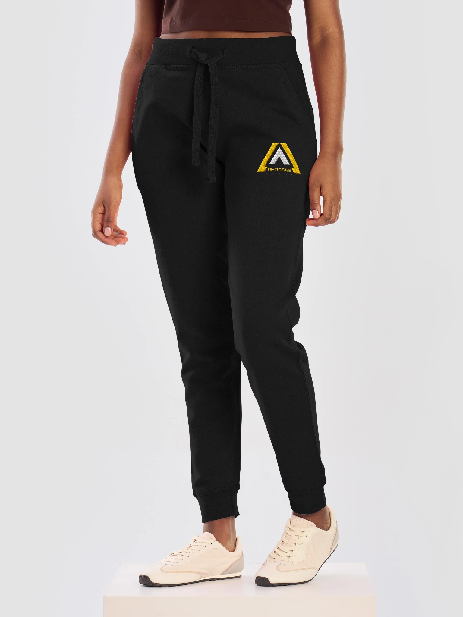 Ahdasee Records Official Logo Embroidered Joggers – Black (White/Gold) product image (6)
