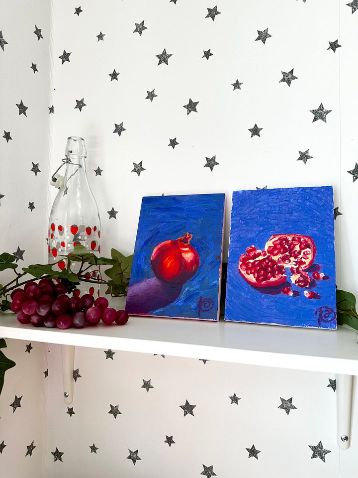 'worth the effort' pomegranate diptych acrylic + oil pastel on wood panel product image (2)