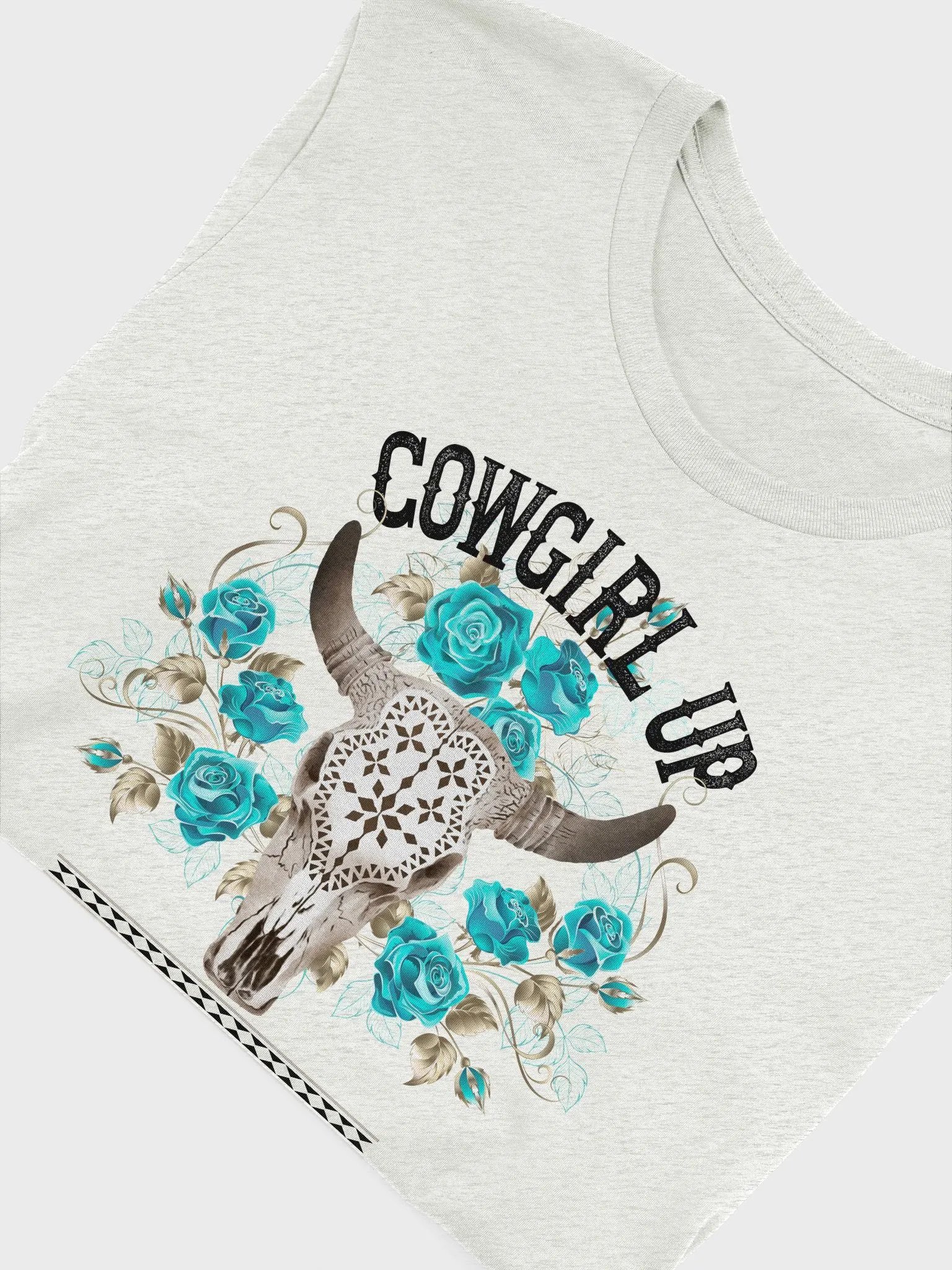 Cowgirl Up or Sit Down Tee – Western Bull Skull with Turquoise Flowers, Cowgirl Graphic T-Shirt product image (2)