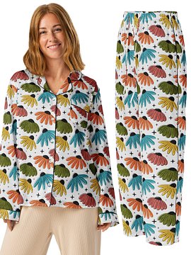 Retro Halftone Coneflowers Ladies Long Sleeve Pajamas Set