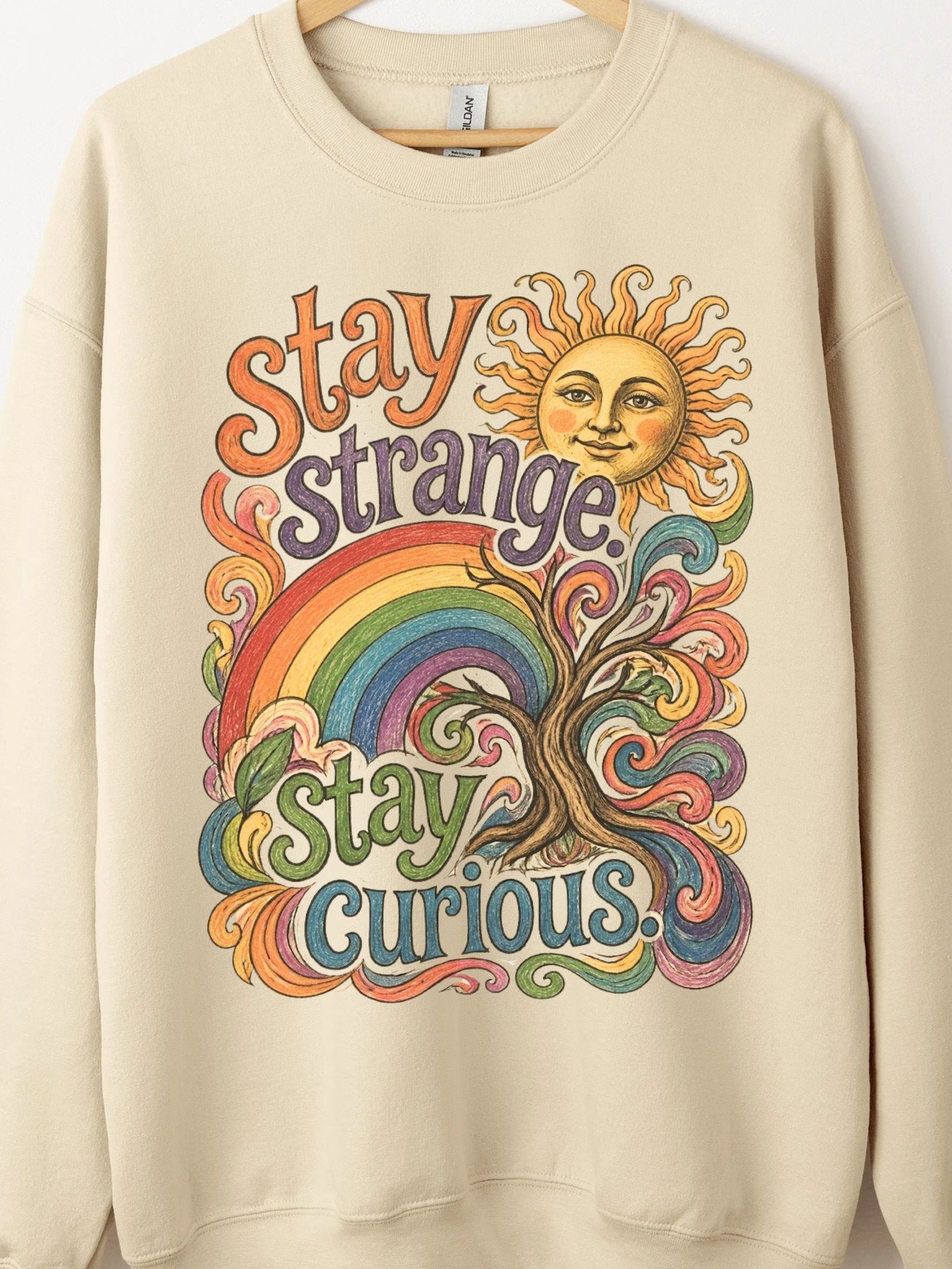 Stay Strange Stay Curious Rainbow Tree Crewneck, Psychedelic Graphic Sweatshirt product image (1)