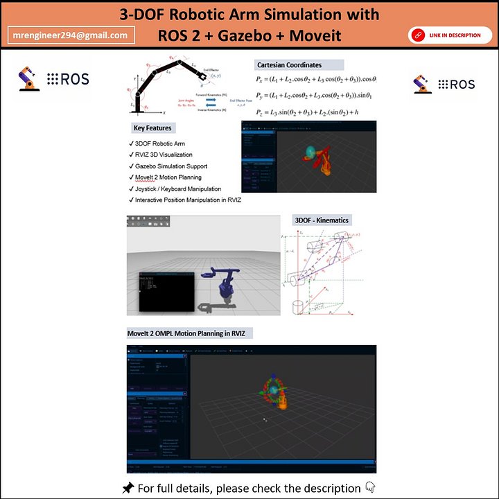 RobotArm: 3-DOF Robotic Arm Simulation with ROS 2 + Gazebo + Moveit product image (1)