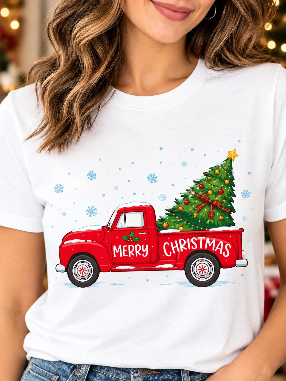 Classic Vintage Red Truck Carrying Christmas Tree - Merry Christmas Old Pickup Graphic Shirt product image (5)