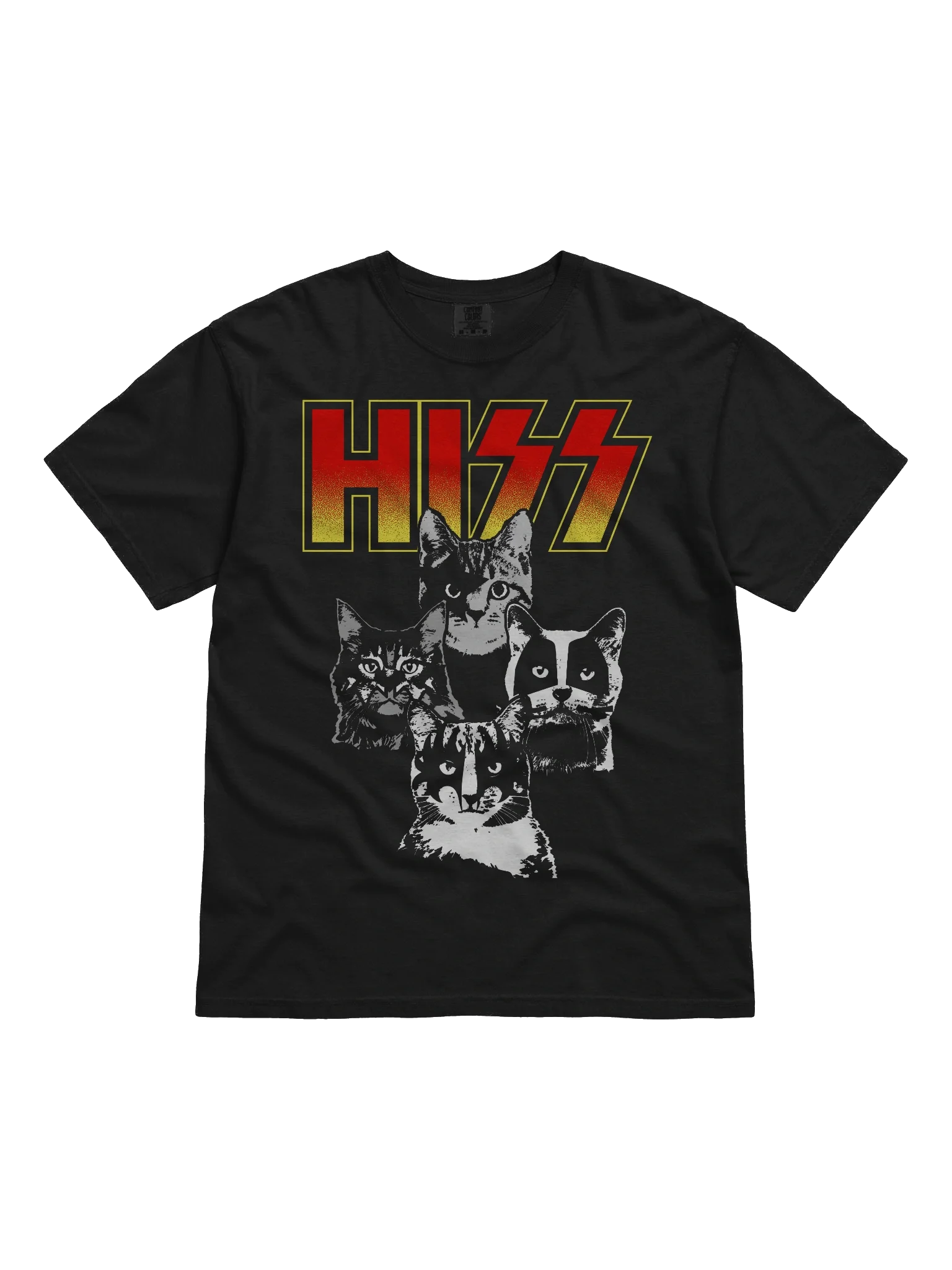 HISS Original Cat Merch t-shirt showing two cats in stage paint where the KISS logo would be - a cat-band parody gift for cat lovers