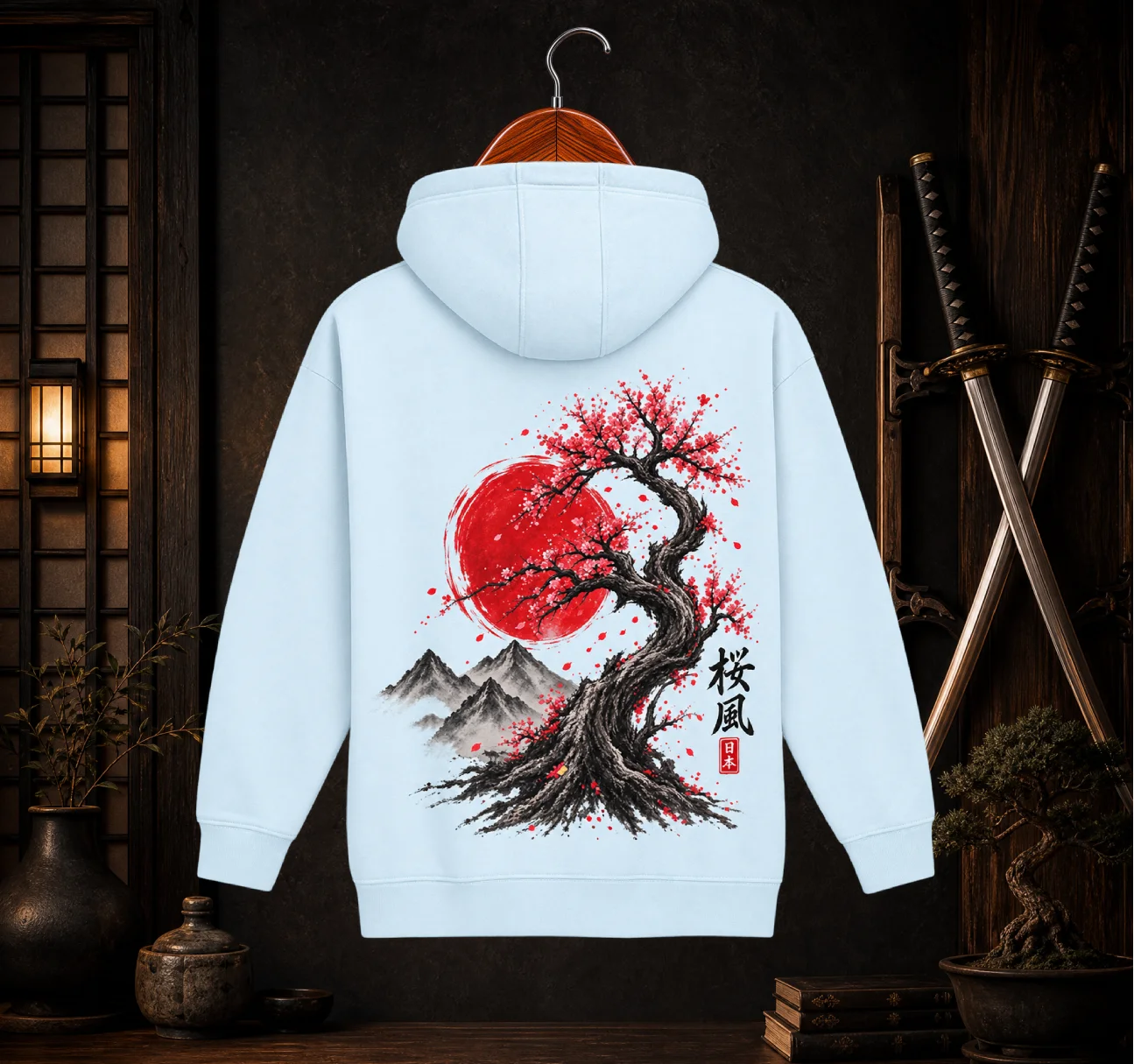 Japanese Crane & Sakura Bonsai Double-Sided Hoodie | Aesthetic Cherry Blossom Hoodie product image (1)