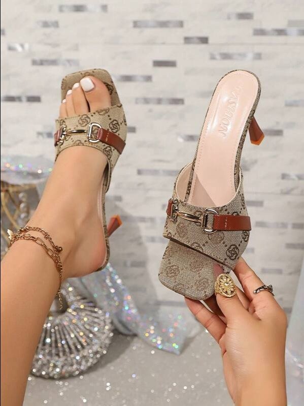 Black Floral Stiletto Slingback Sandals | Open Toe Buckle High Heels | ADLEST product image (1)