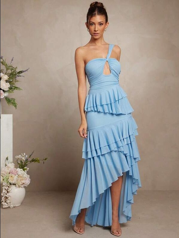 Asymmetrical Mesh Ruffle One Shoulder Maxi Dress product image (1)