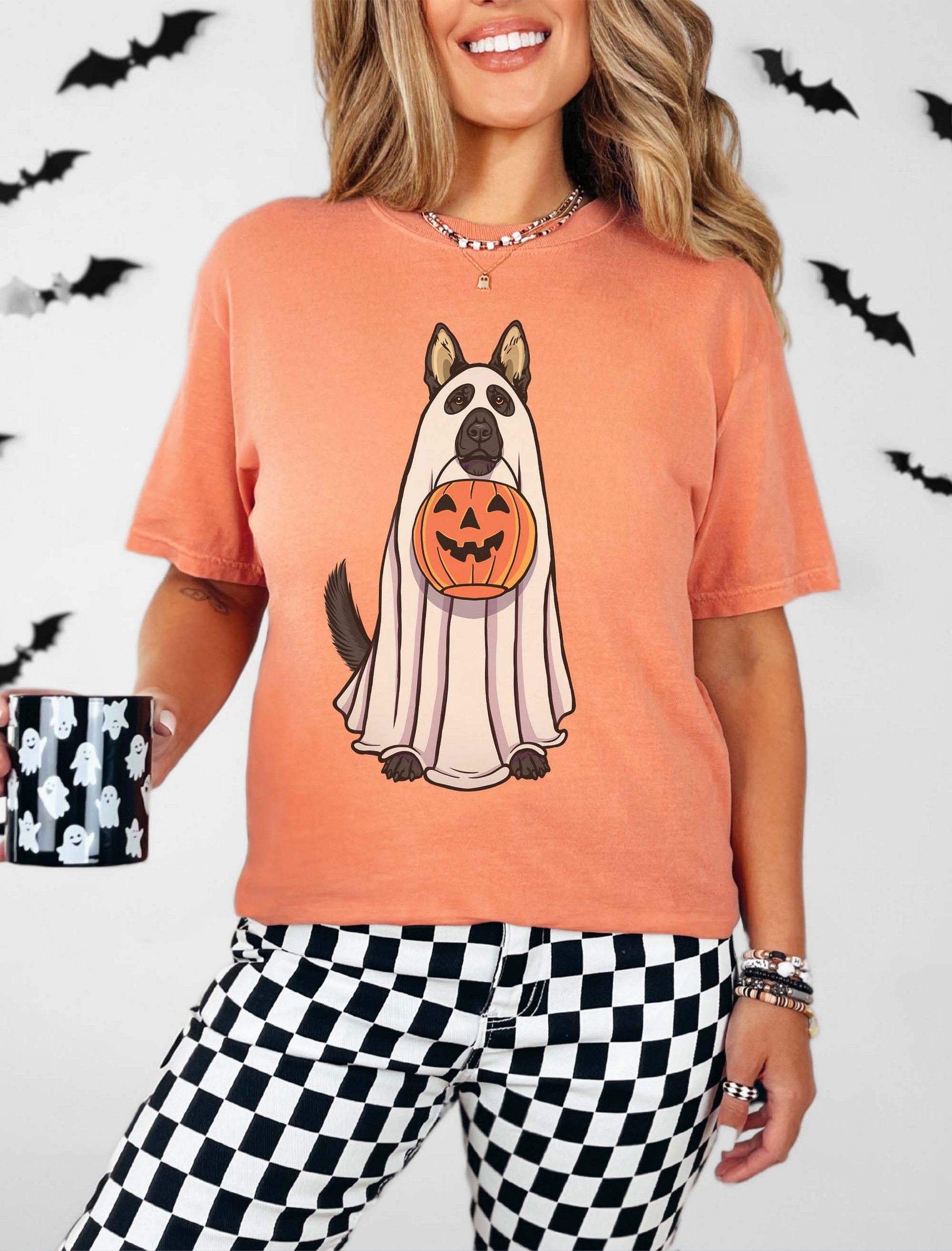 Funny Halloween German Shepherd(Black) T-Shirt | Funny GSD Wearing a Ghost Costume and Holding a Pumpkin Basket product image (2)
