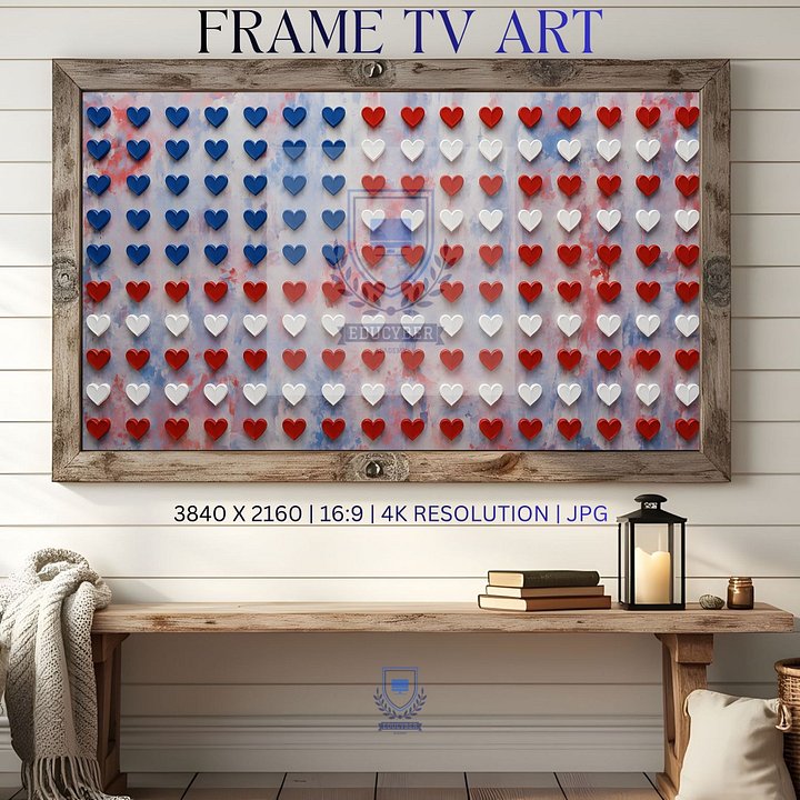 Patriotic Hearts Frame TV Art, Red White & Blue Oil Painting Aesthetic Digital Download product image (1)