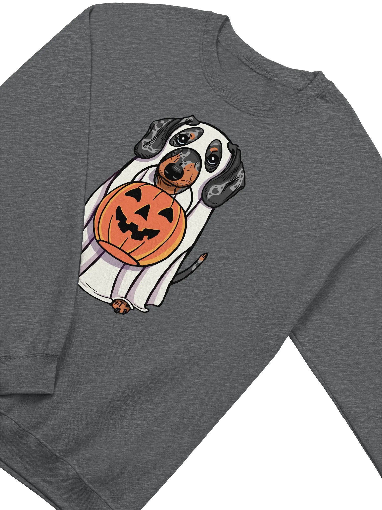 Funny Halloween Dachshund(Dapple) Sweatshirt | Funny Doxie/Wiener Wearing a Ghost Costume and Holding a Pumpkin Basket product image (4)