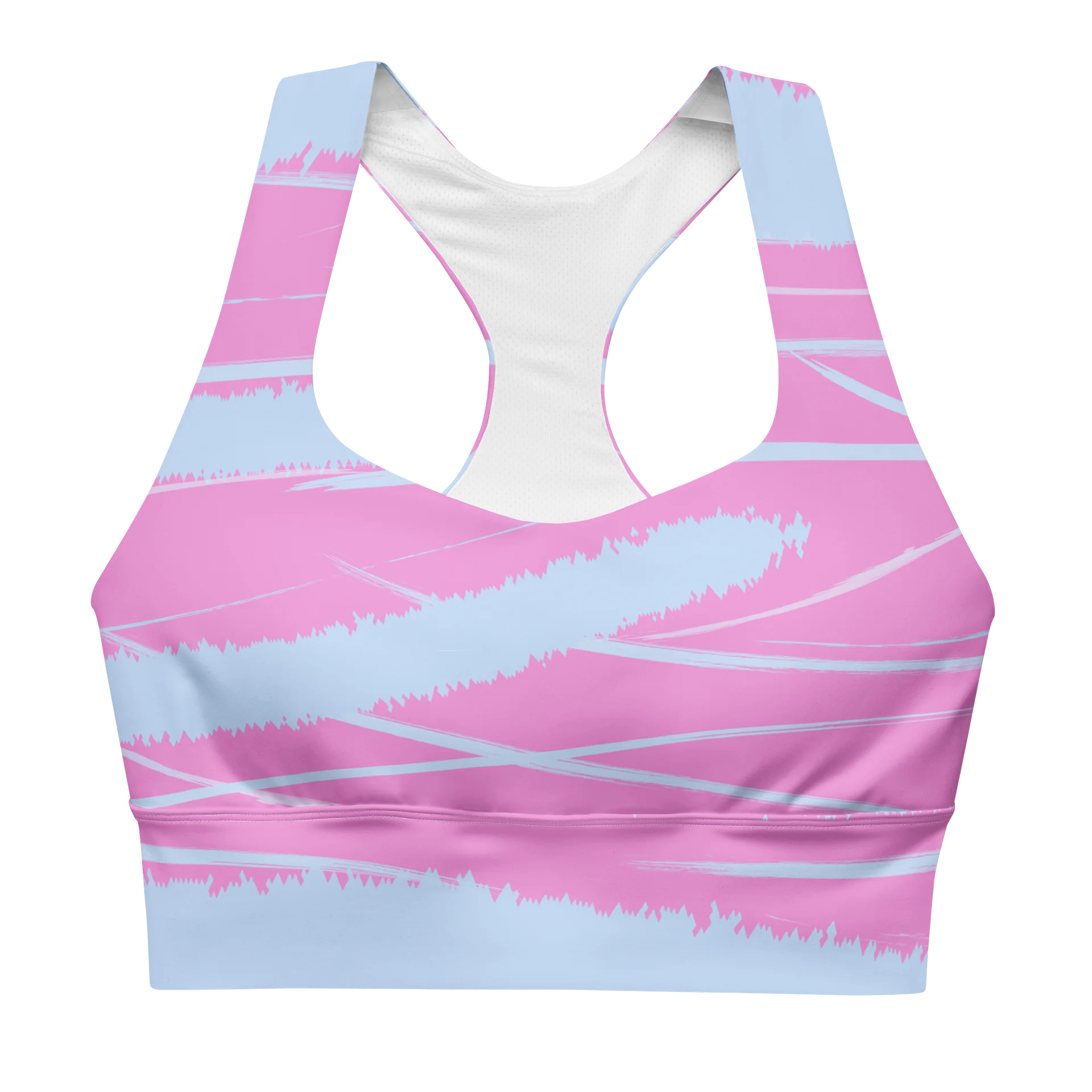Pink & Blue Motion Sports Bra – Abstract Brushstroke Activewear for Women product image (1)