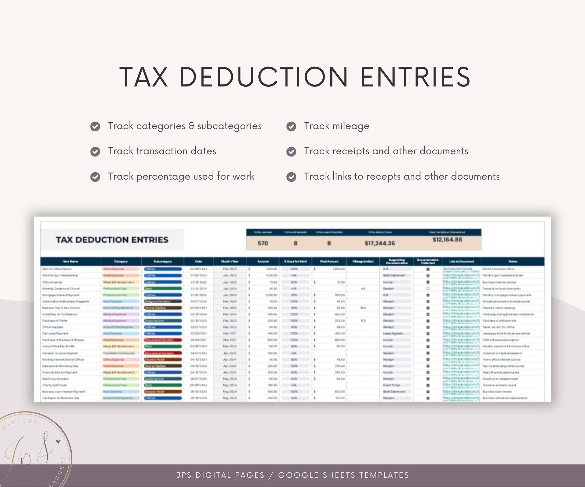 Australian Tax Deductions Tracker & Dashboard Spreadsheet, Google Sheets Template product image (4)