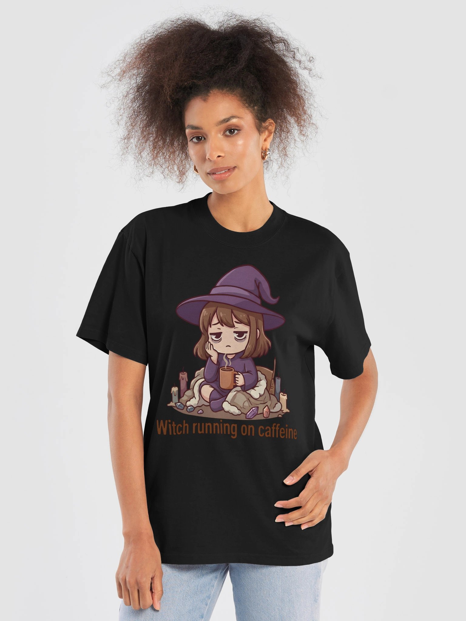 Witch Running on Caffeine Oversized T-Shirt – Cozy Witch Tee for Tired Girls & Slow Days product image (17)