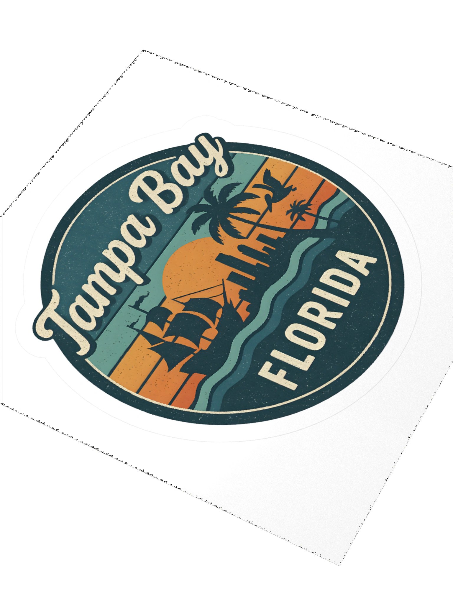 Vintage Tampa Bay Florida Sunset Design with Pirate Ship and Palm Tree Skyline Sticker product image (7)