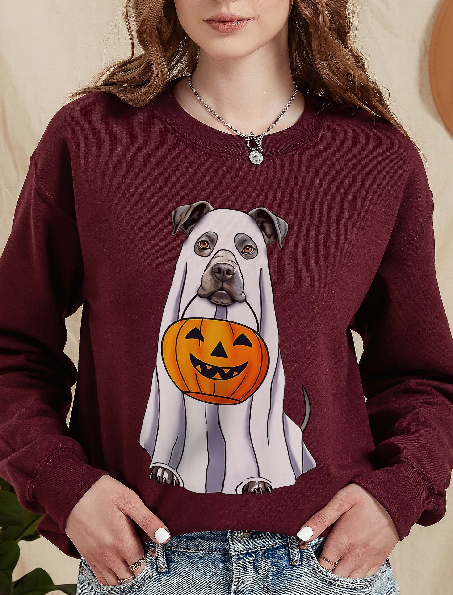 Pitbull(Blue/Gray) Halloween Sweatshirt | Funny Halloween Staffordshire Wearing a Ghost Costume with Pumpkin Basket product image (2)
