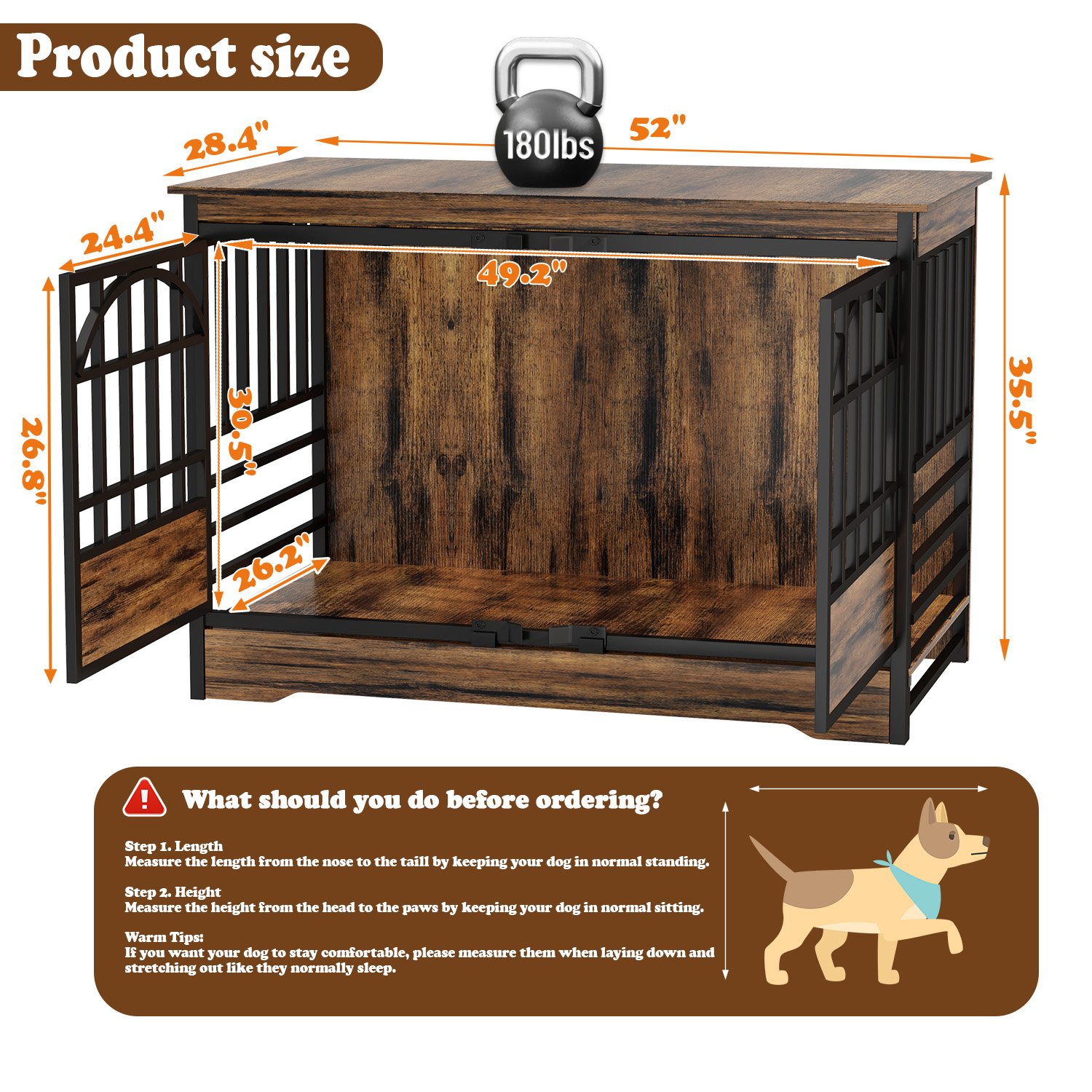 52 inch Dog Crate Furniture, XL Indoor Dog Kennel for Extra Large Breeds, Heavy Duty Wooden Dog Cage with Double Arched Doors, TV Stand & End Table, Retro Brown product image (6)