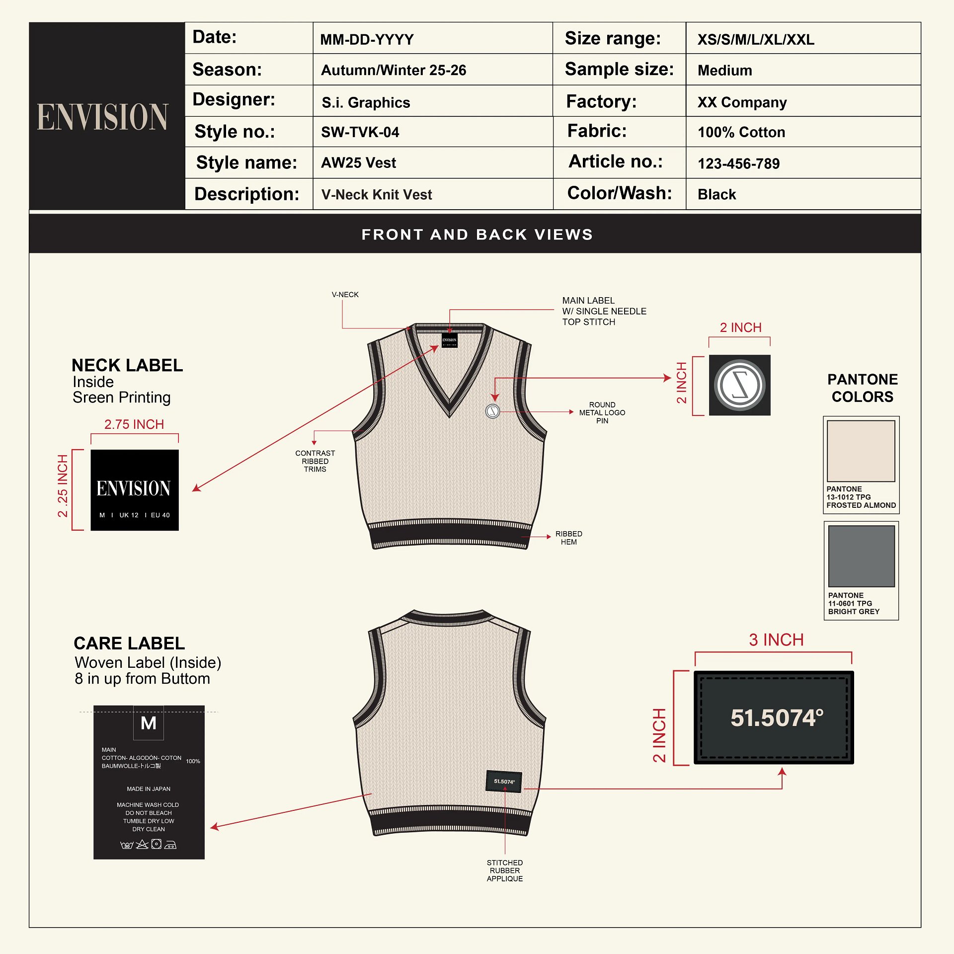 V-Neck Knit Sweater Vest Tech Pack Template product image (2)