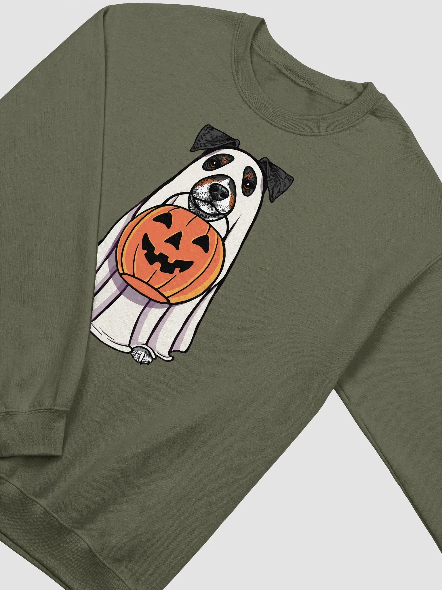 Funny Halloween Jack Russell Terrier(Tricolor) Sweatshirt | Funny JRT Wearing a Ghost Costume and Holding a Pumpkin Basket product image (4)