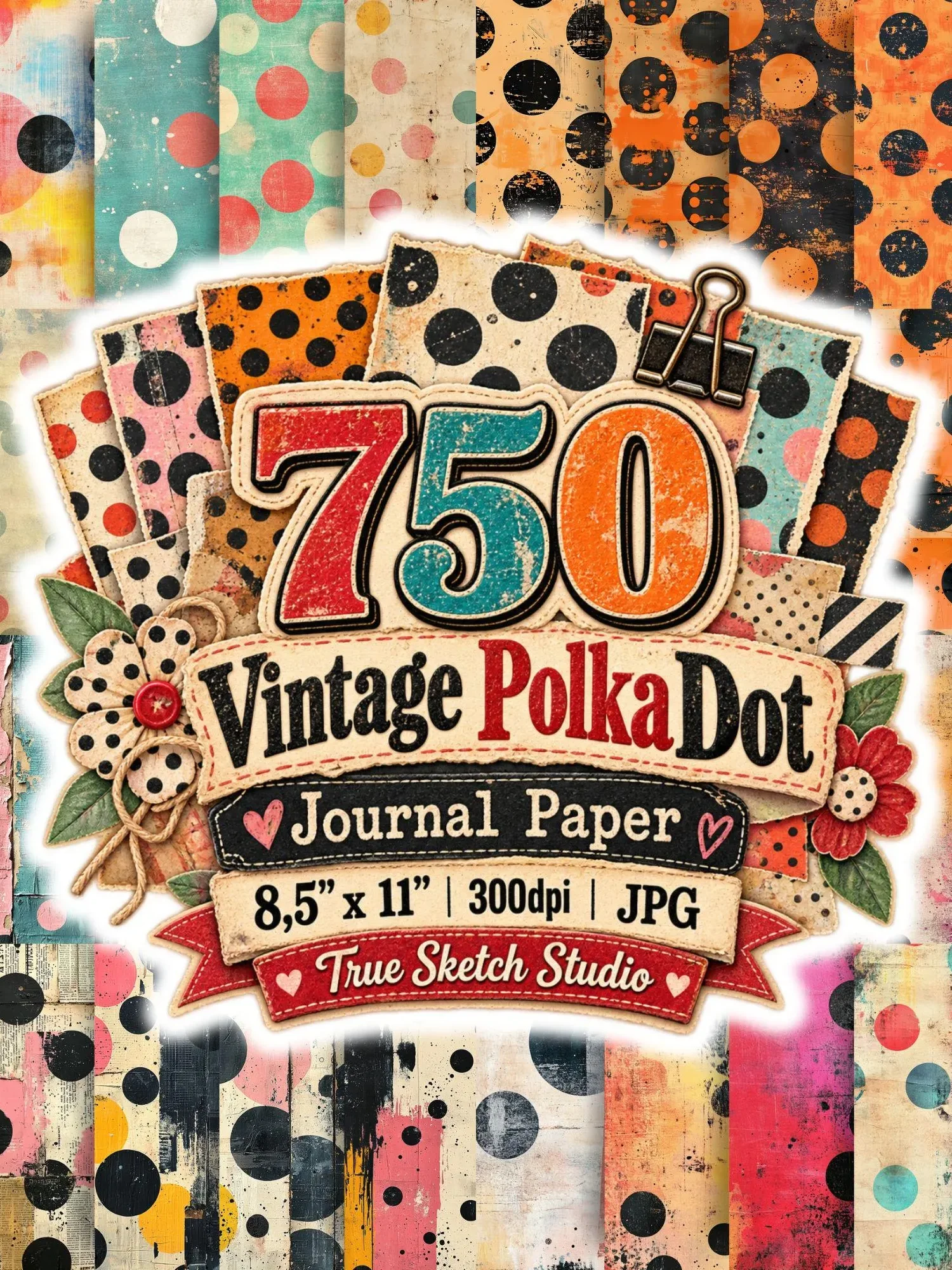 750 Vintage Polka Dot Digital Paper Bundle, Grunge Junk Journal Backgrounds, Retro Scrapbook Pages, US Letter 300DPI JPG, Printable Download product image (1)