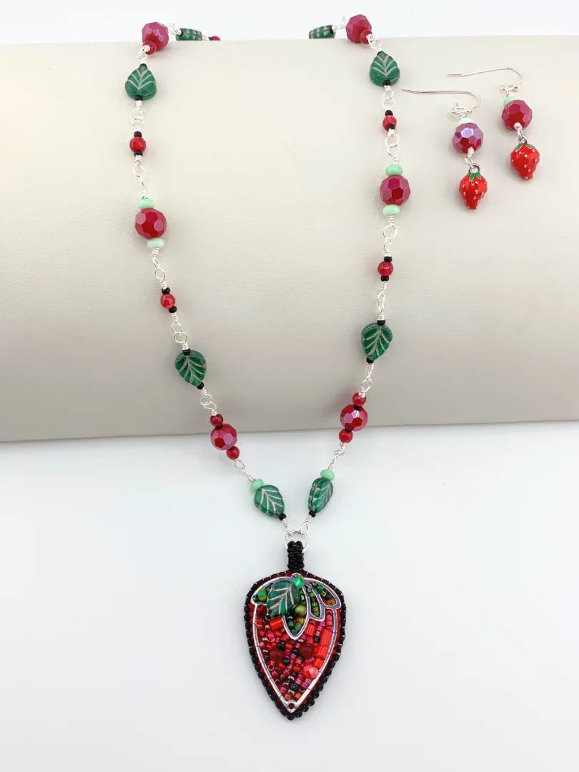 Bead Embroidered Strawberry Pendant Necklace and Earrings Set product image (3)